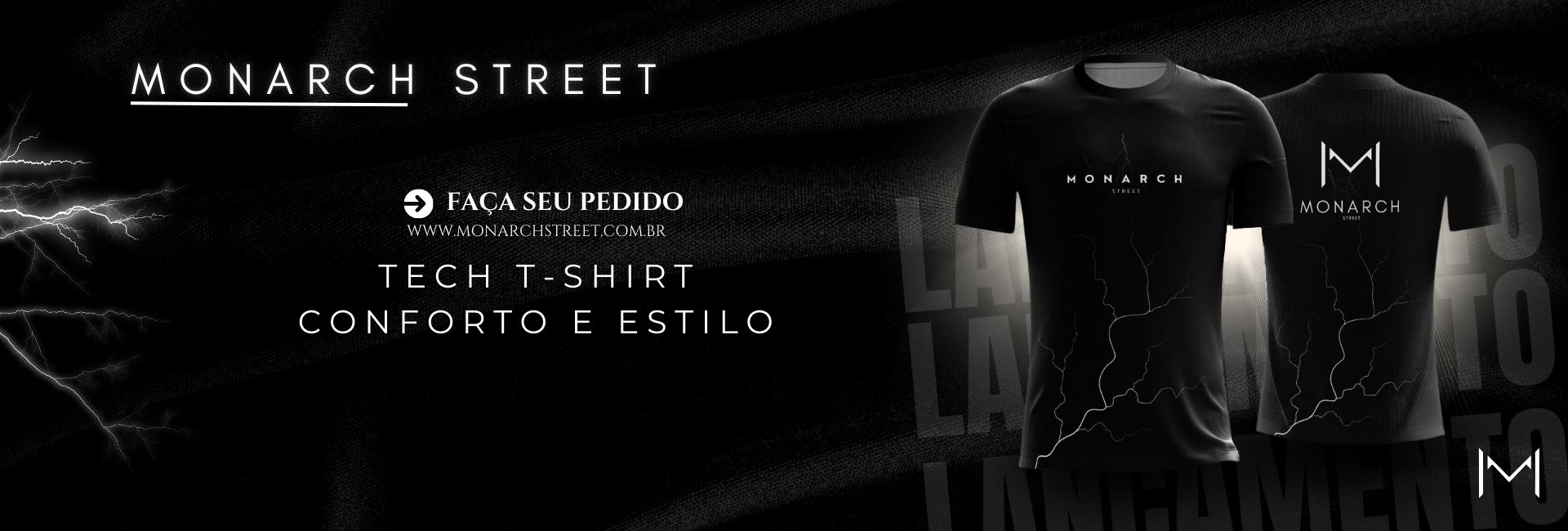 Banner escuro anunciando o lançamento das camisetas esportivas da Monarch