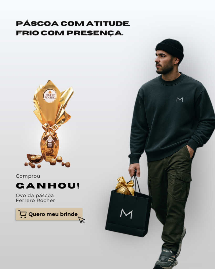 Banner da campanha de Páscoa da Monarch Street: promoção 'Comprou, Ganhou' com ovo Ferrero Rocher grátis na compra de peças da nova coleção de moda masculina outono/inverno. Mobile