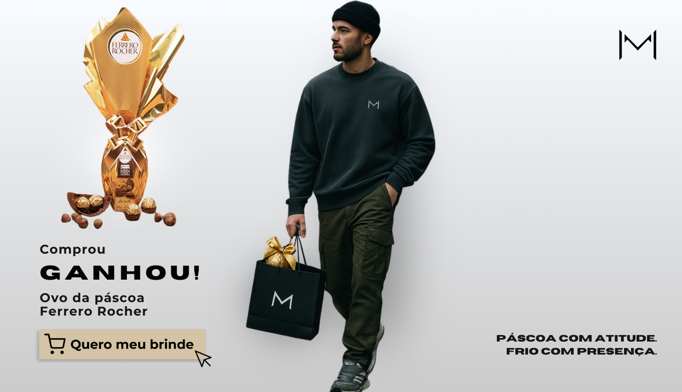 Banner da campanha de Páscoa da Monarch Street: promoção 'Comprou, Ganhou' com ovo Ferrero Rocher grátis na compra de peças da nova coleção de moda masculina outono/inverno. Mobile
